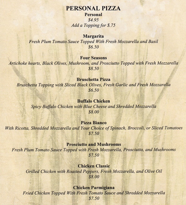 Villa Borghese Pizza Fords Menu